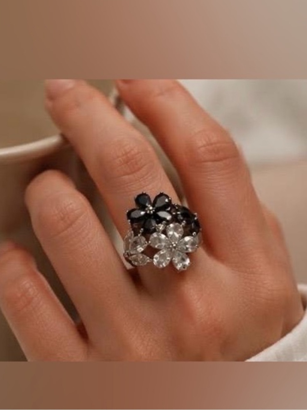 Black & Clear Floral Cluster Statement Ring - Picture 3 of 5